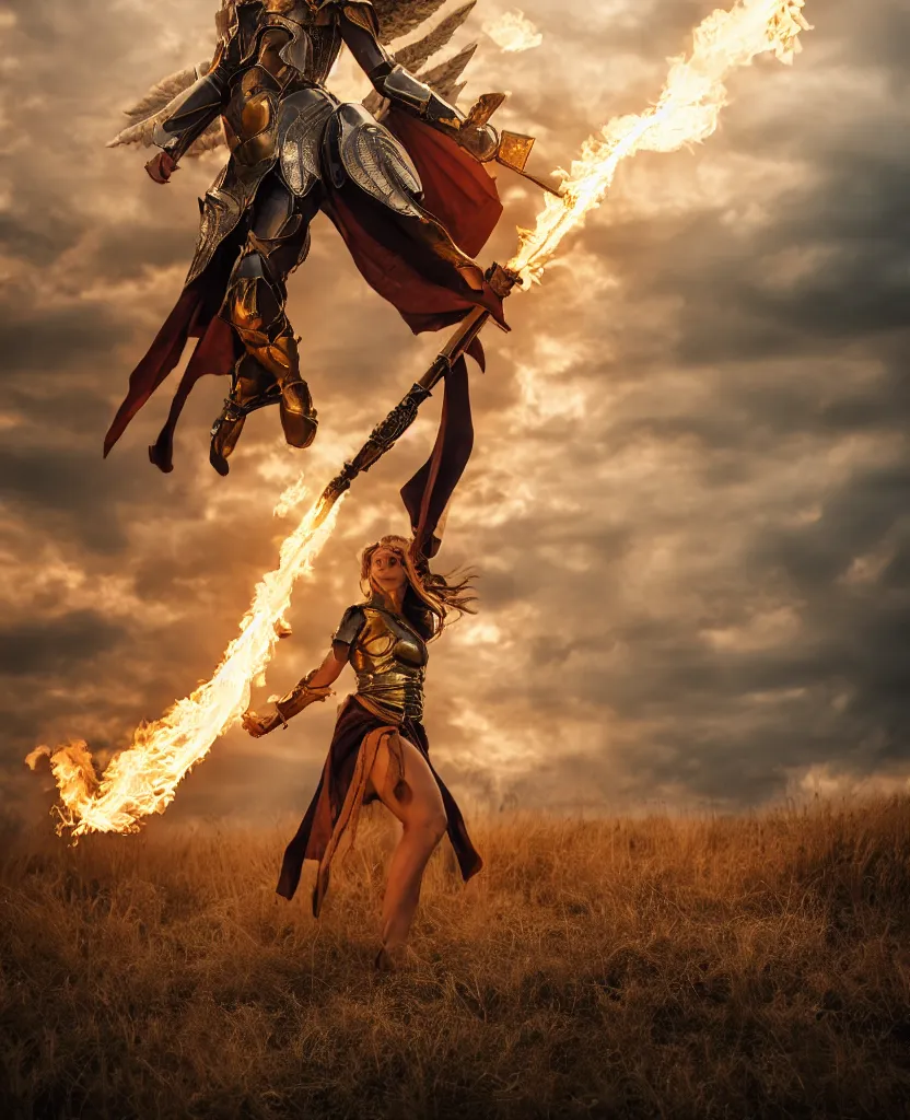 Prompt: Modeling shot of one fiercely beautiful woman in angelic battle armor, wielding a flaming sword, among the clouds, golden hour photography, cinematic, epic, 4k, stylized, realism