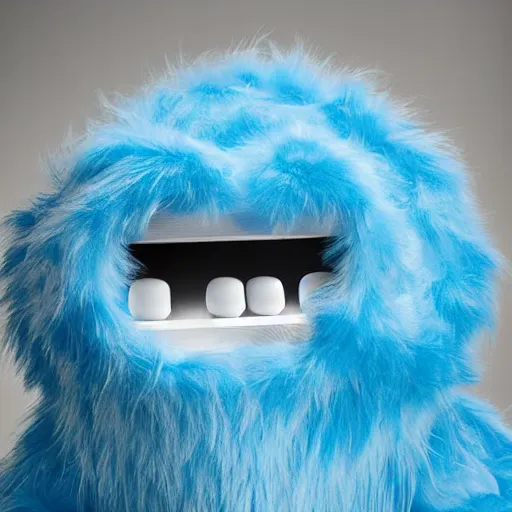 Prompt: nike fluffy monster made of very fluffy blue faux fur placed on reflective surface, professional advertising, overhead lighting, heavy detail, realistic by nate vanhook, mark miner