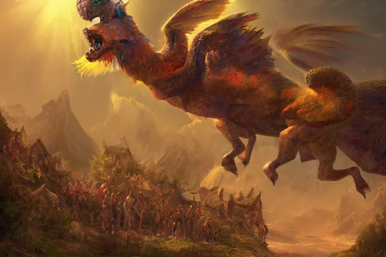 Prompt: a mythical chimera purging the village people with divine light, digital painting, mixed media, trending on artstation and deviantart, epic composition, magnum opus, highly detailed, 8 k