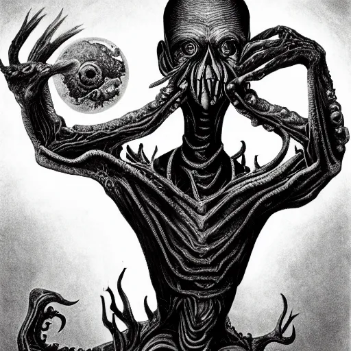 Image similar to a portrait of a creature from the beyond, body horror, by gerard brom and ansel adams