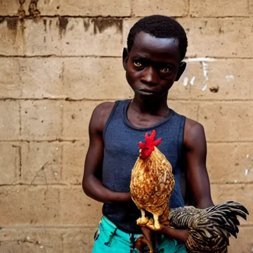 Prompt: an african boy holding a chicken from the movie tank girl, afrofuturism, by jamie hewlett and sawoozer and roger ballen,