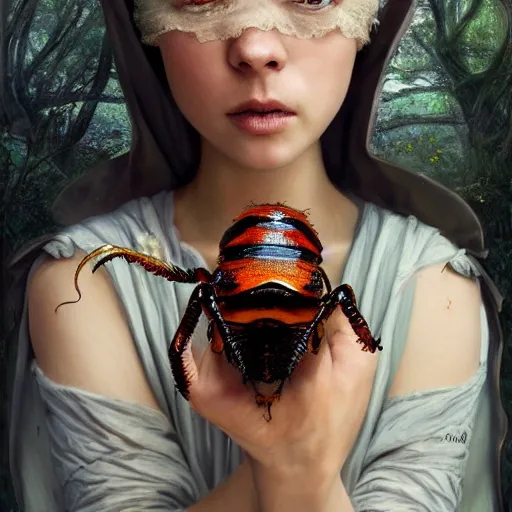 Prompt: A masterpiece portrait of a Incredibly beautiful maid barique renaissance swamp nun girl holding very beautiful big shiny king beetle. hunting on deer with russian greyhound medium shot, intricate, elegant, highly detailed. trending on artstation, digital art, by Stanley Artgerm Lau, WLOP, Rossdraws, James Jean, Andrei Riabovitchev, Marc Simonetti, Yoshitaka Amano. background by James Jean and Gustav Klimt, light by Julie Bell, 4k, porcelain skin.