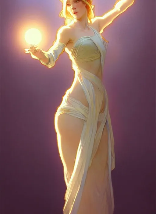 Image similar to digital character concept art by artgerm and greg rutkowski and alphonse mucha. clear portrait of a modern young wife blessed by god to uncontrollably grow overwhelmingly perfect!! blonde, in clothes! feminine well - formed holy body!! light effect. hyper detailed, glowing lights!! intricate, elegant, digital painting, artstation, smooth, sharp focus