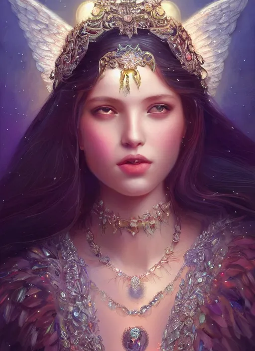 Image similar to A beautiful digital painting of a female angel full of jewels, princess, the moon behind her, intricate, cinematic lighting, highly detailed, digital painting, Artstation, concept art, smooth, sharp focus, illustration, art by Tom Bagshaw, Artgerm and Greg Rutkowski