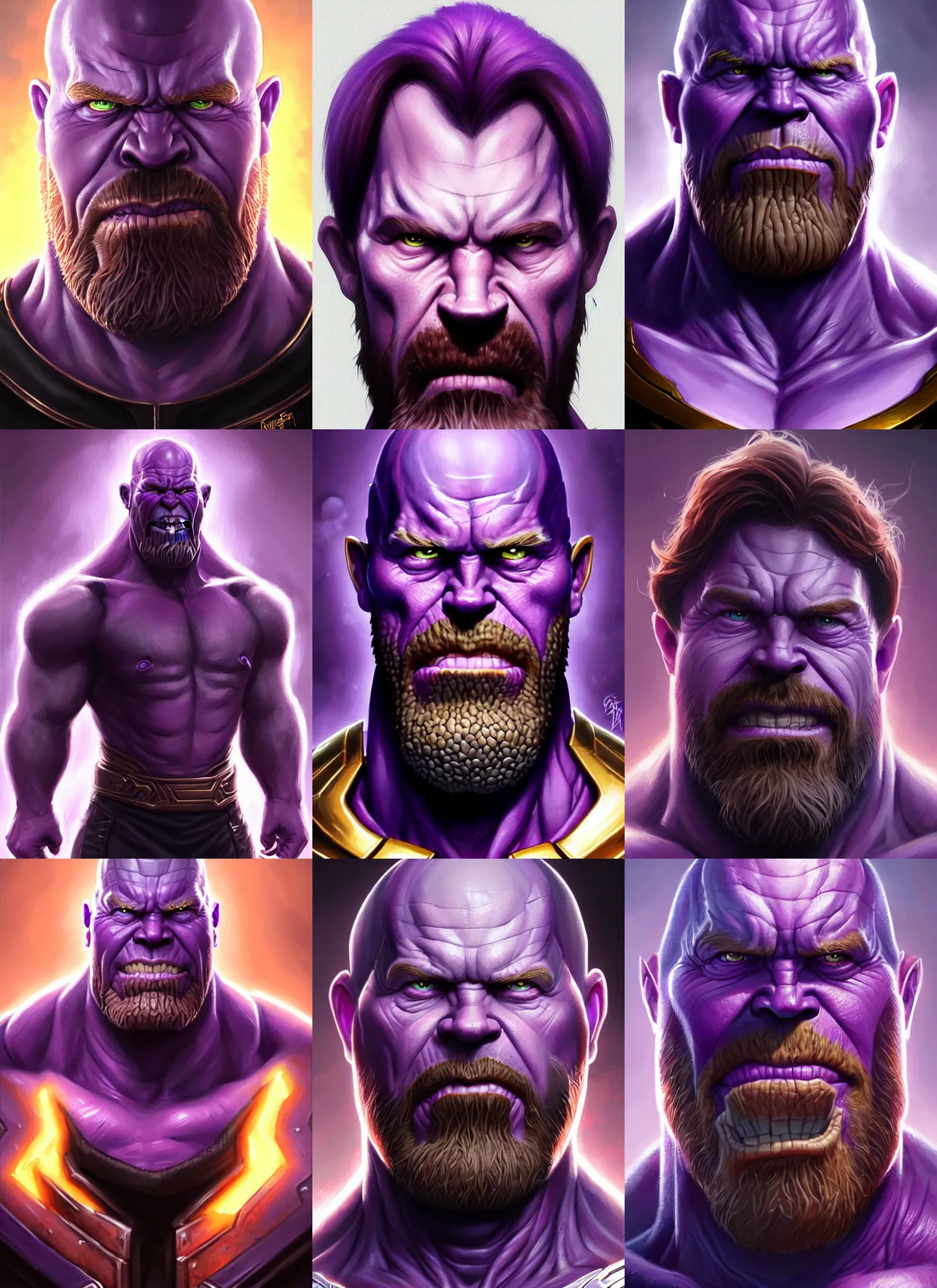 Prompt: a fantasy style portrait painting a character if chuck norris and thanos had a son, purple skin, powerful chin, thanos style traits, painting, unreal 5, daz., rpg, portrait, extremely detailed, artgerm greg rutkowski _ greg