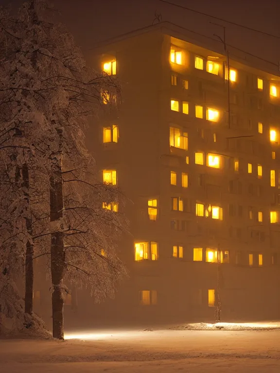 Prompt: award - winning photo of low soviet residential building in russian suburbs, lights are on in the windows, deep night, post - soviet courtyard, cozy atmosphere, winter, heavy snow, light fog, streetlamps with orange light, volumetric light, several birches nearby, elderly people stand at the entrance to the building