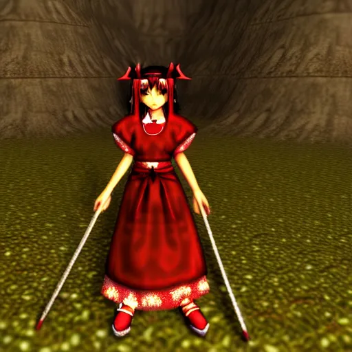 Image similar to reimu hakurei in morrowind, retro pc graphics, video game screenshot, retro 3 d, pc game, elder scrolls, morrowind, touhou project