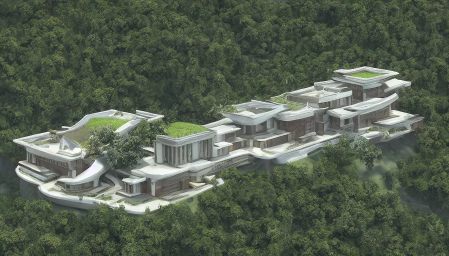 Prompt: villa inspired by tibetan architecture, on a green hill, overlooking a valley with trees, by sant ’ elia frank lloyd wright, zaha hadid, le corbeusier, photorealistic, ray tracing, unreal engine 5, dlsr, 2 4 mm, birds eye view