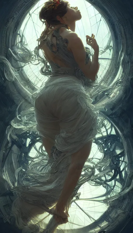 Prompt: jump, fibonacci, sweat drops, insane, intricate, highly detailed, digital painting, artstation, concept art, smooth, sharp focus, illustration, Unreal Engine 5, 8K, art by artgerm and greg rutkowski and alphonse mucha