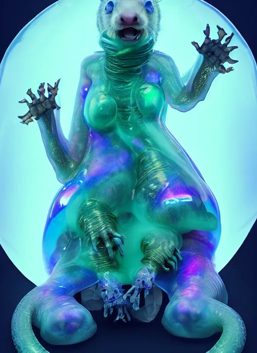 Prompt: cinematic shot of a sci - fi sloppy saliva goo creature princess ungulate ursine ferret thing of slime crouched atop a sleeping fool, translucent x ray transparent skin skeletal, she has iridescent membranes, flaring gills and baleen, shades of aerochrome gold, eerie, occult, gelatinous with a smile, dark bubbling ooze covered serious