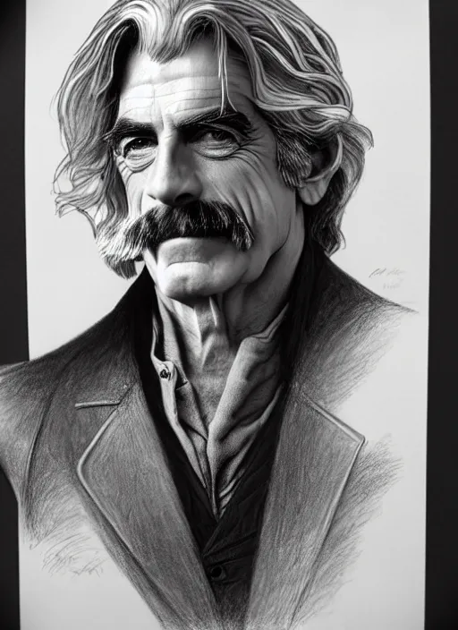 Image similar to hyperrealist pencil sketch of sam elliott as dracula by david malan and alphonse mucha, fantasy art, drawing, dynamic lighting, artstation, poster, volumetric lighting, very detailed faces, 4 k, award winning