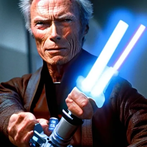 Image similar to clint eastwood holding blue lightsaber in star wars episode 3, 8k resolution, full HD, cinematic lighting, award winning, anatomically correct