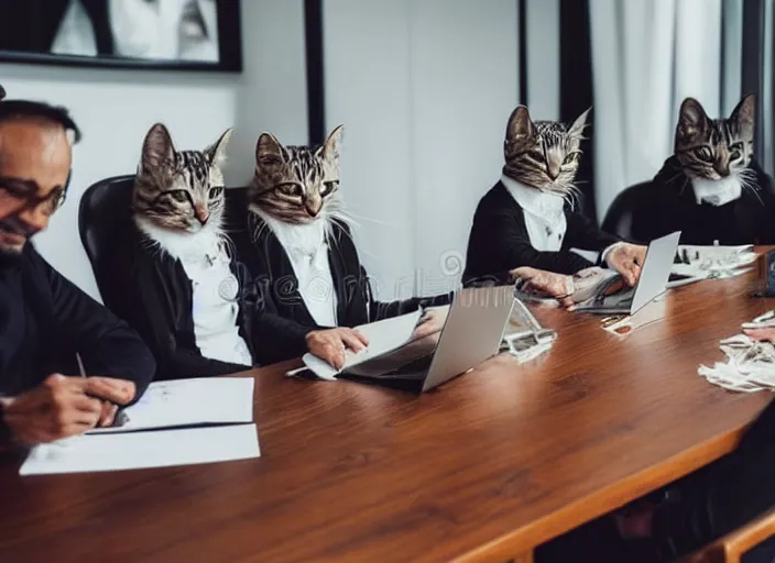 Image similar to photo of a management board meeting of well dressed cats. Highly detailed 8k. Intricate. Sony a7r iv 55mm. Stock photo.