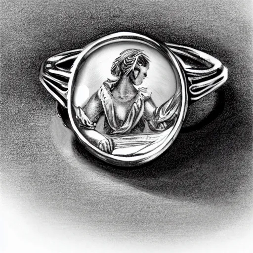 Image similar to artisan sketching of a ring with a cameo ornament, technical, full page, highly detailed, 8 k