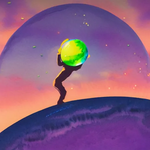 Prompt: An astronaut holding a beachball, stranded on an alien island. the ocean is purple, and there are 2 planets in the sky. watercolour painting, oil painting, matte painting, cinematic, concept art, HD, colourful, synthwave, studio ghibli, purple, astral, nightmare, beautiful, otherworldly, intricate, highly detailed, hyperrealism, realism, throwback, malevolent, mystical