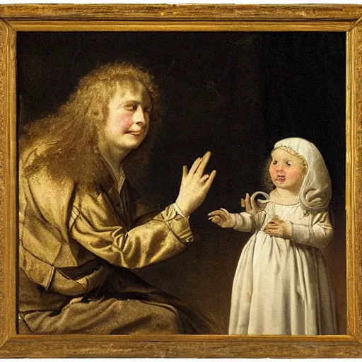 Image similar to alien kid see a human kid for the first time, maury, fink, aiken. by adriaen van ostade.