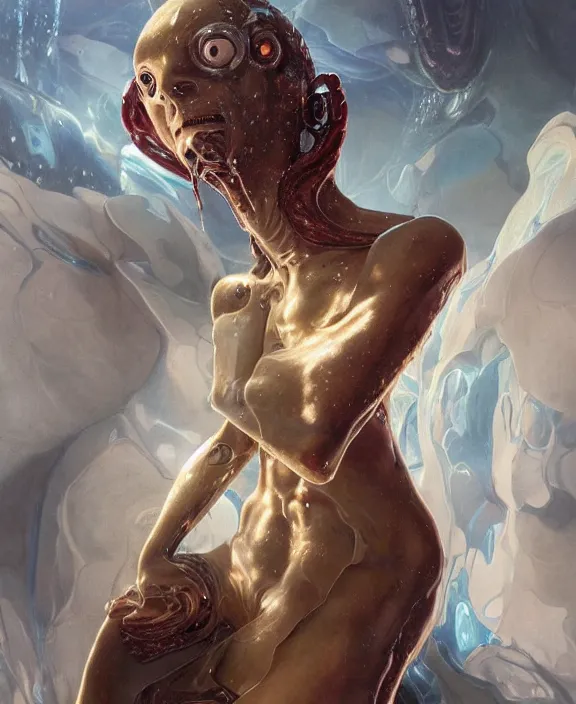 Image similar to portrait of a shining slime dripping geometric angular genderless insect alien monster, muscles, rippling, space warping and twisting, ultra realistic, concept art, intricate details, eerie, highly detailed, photorealistic, octane render, 8 k, unreal engine. art by artgerm and greg rutkowski and alphonse mucha