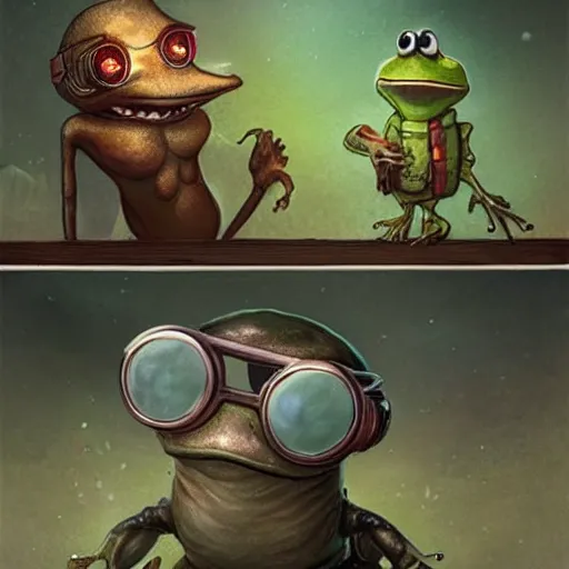 Image similar to Anthropomorphic frog who wears goggles and apocalyptic tech,greg rutkowski,and Sarah Andersen,ambient style, very detailed,detailed,detailed