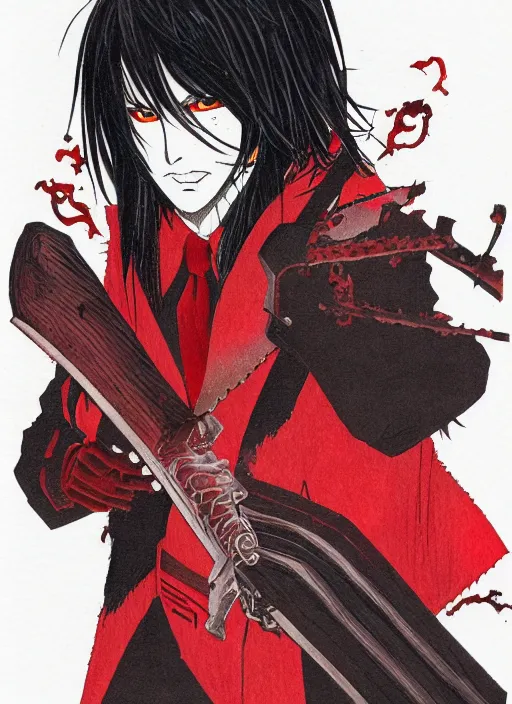 Image similar to illustration of a handsome male vampire by tatsuki fujimoto, long black hair, glowing red eyes, brown coat, chainsaw sword