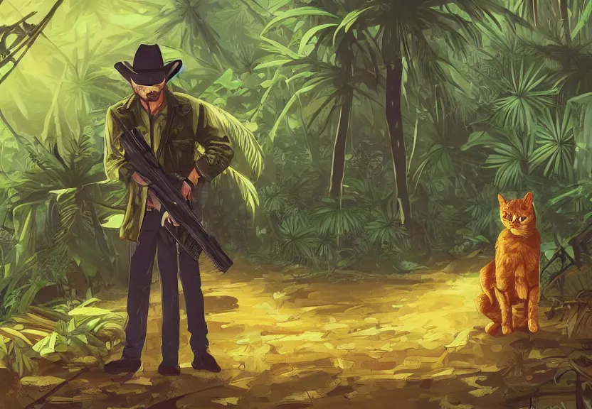 Prompt: a cat wearing a cowboy hat and yellow raincoat and aviator sunglasses carrying an ak 4 7 through the jungle by aenami, alena