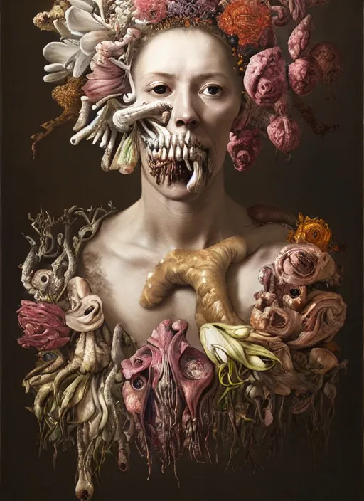 Image similar to strange, looming head, biomorphic painting of a woman expressive face, wearing a small, ornate crown made of flowers and bones by, rachel ruysch, jenny saville and charlie immer, highly detailed, emotionally evoking, head in focus, volumetric lighting, melting, drippy oil painting,