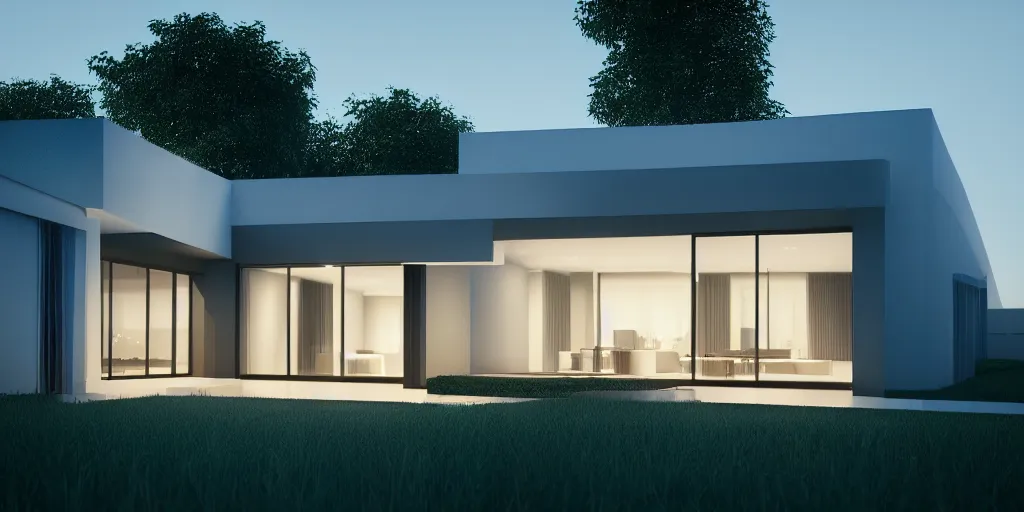 Prompt: A beautiful realistic architectural rendering of a modern minimalistic house with a mysterious glow emitting from inside, by octane render and corona render