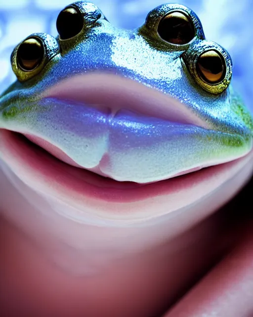 Image similar to natural light, soft focus extreme close up portrait of a cyberpunk anthropomorphic frog with soft synthetic pink skin, blue bioluminescent plastics, smooth shiny metal, elaborate ornate head piece, piercings, skin textures, by annie leibovitz, paul lehr