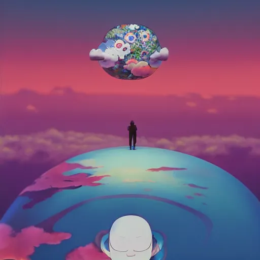 Image similar to a man walking on clouds away from the camera above kyoto by takashi murakami, beeple and james jean, aya takano color style, 4 k, super detailed, modern, 4 k, symmetrical