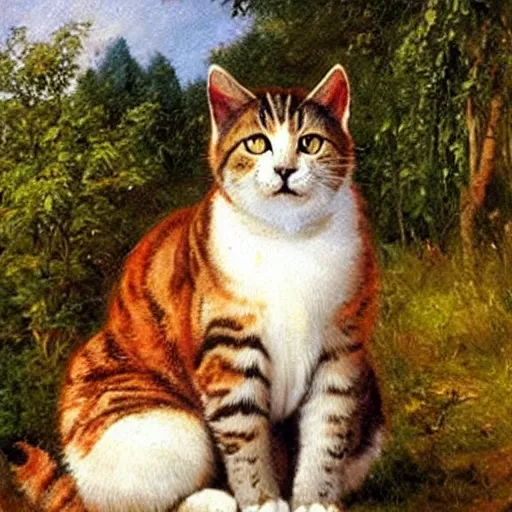 Image similar to huge cat besides small houses, oil painting by Ivan Shishkin