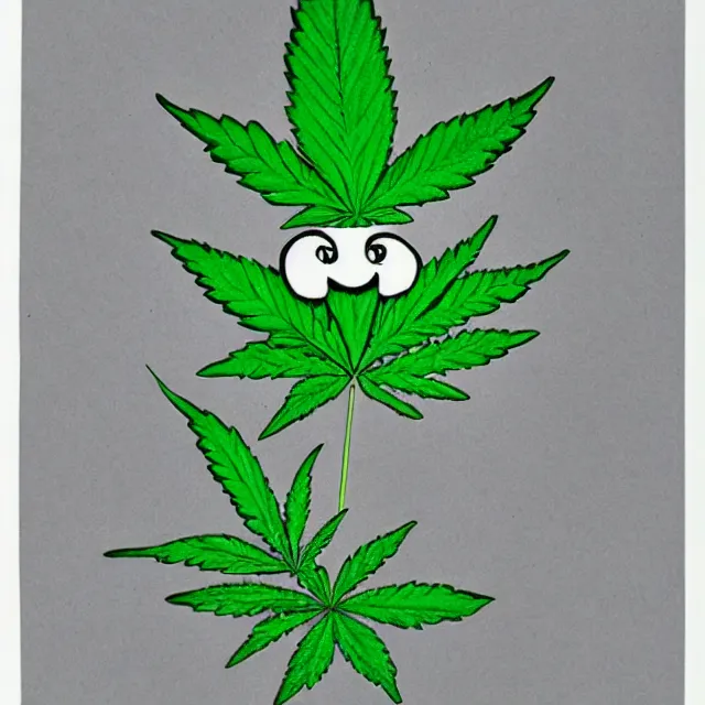 Prompt: cannabis leaf man with a face and arms and legs cartoon, colored pencil illustration