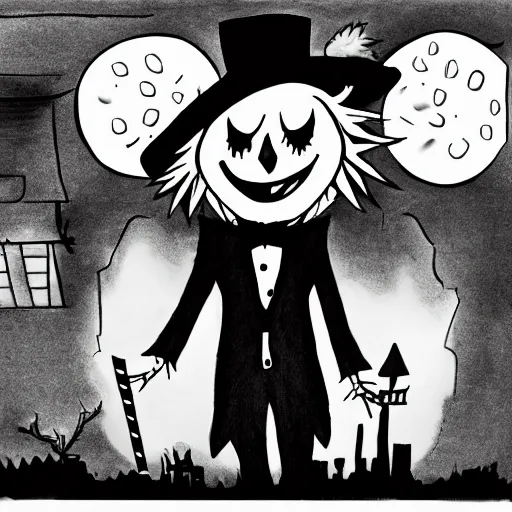 Image similar to a Pop Wonder scary horror themed goofy-hilarious-character Jack-Frost-Babadook-scarecrow-madhatter-williewonka-wearing a scarf, 3-piece-suit, dime-store-comic drawn with charcoal and pen and ink, half-tone-line-stacking