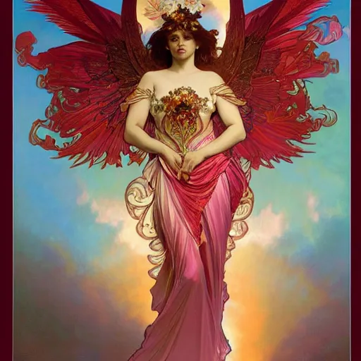 Image similar to a beautiful orchid phoenix angel woman, in an ornamented dress with large wings, volumetric light, god rays, 8 k high resolution, rubies, by alphonse mucha, artgerm, greg rutkowski