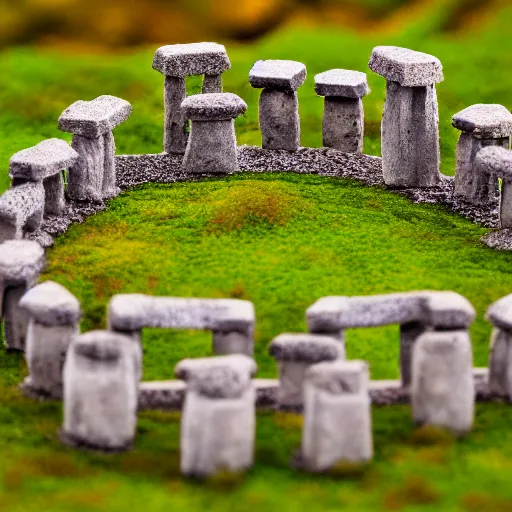 Prompt: macro photo of a miniature ho scale stonehenge model, taken with canon 8 0 d, canon 1 0 0 mm f / 2. 8