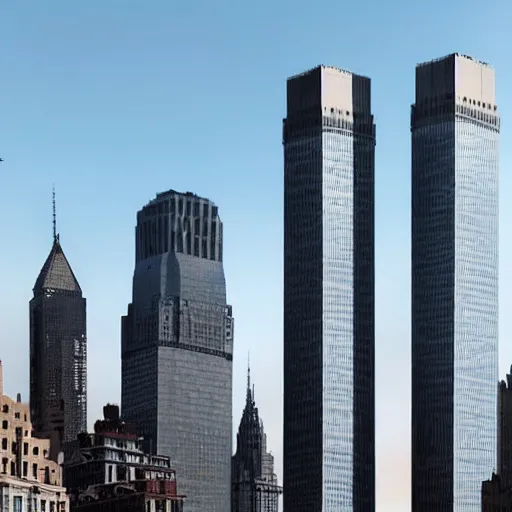 Prompt: the twin towers in NYC intact in 2022, realistic photograph