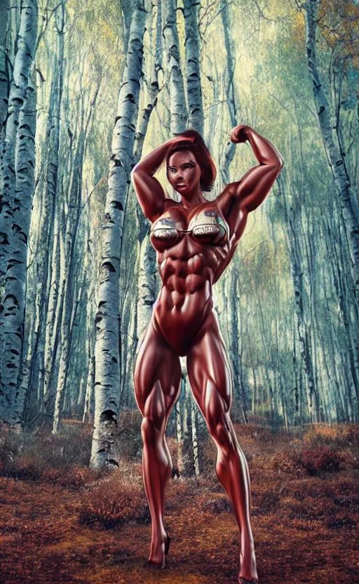 Image similar to photo of bodybuilder woman posing in birch forest in jeff koons hip hop bauhaus style, beautiful detailed face, ultra realistic, concept art, intricate details, serious, highly detailed, photorealistic, octane render, 8 k, unreal engine, natural light, art by todd mcfarlane