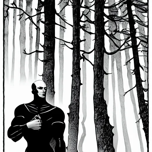 Prompt: A 15 foot tall, muscular, bald, smooth, extremely pale, androgynous humanoid with a perfectly symmetrical face, dressed in black body armour, in the background is a dense and foggy forest of trees. Monochrome, high contrast, comic book,