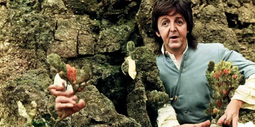 Image similar to A full color still of Paul McCartney looking down at his palm, dressed as a hobbit inside his house, directed by Stanley Kubrick, 35mm, 1970