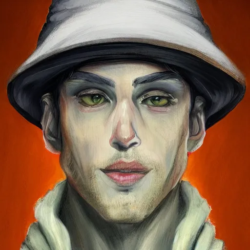 Prompt: a painting of a man with a hat on his head, a character portrait by nina tryggvadottir, trending on deviantart, fantasy art, official art, d & d, detailed painting