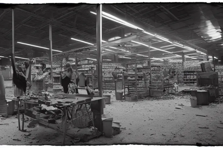 Prompt: girls in welding masks in abandoned supermarket, ominous lighting, by richard avedon, tri - x pan stock