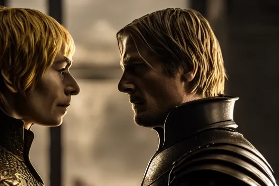 Image similar to very very intricate photorealistic photo of jaime lannister fighting cersei, photo is in focus with detailed atmospheric lighting, award - winning details