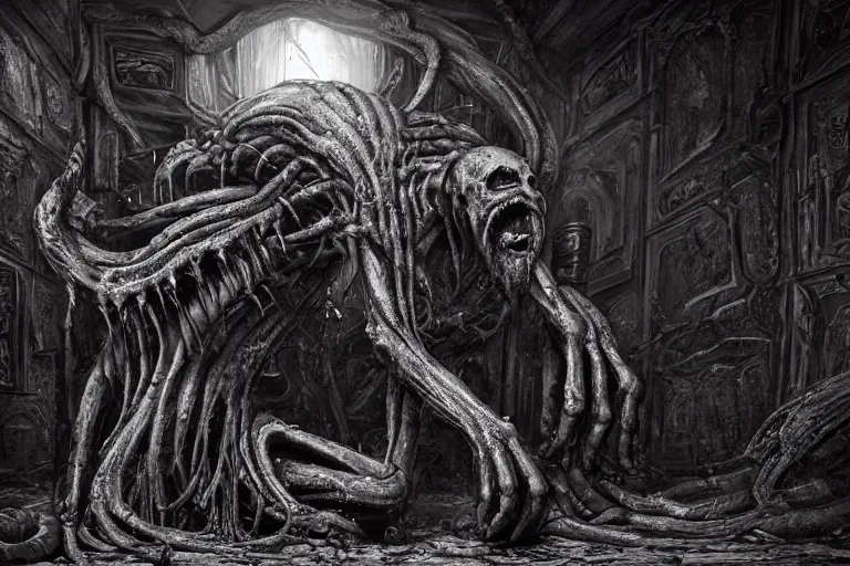 Image similar to the walls became living, writhing, screaming horrors that had many eyes and fanged mouths - oozing black ichor from the void. 8 k 3 d, digital illustration, filmic dslr h. r. giger, michael whelan, chris mars and dariusz zawadzki. unreal engine.