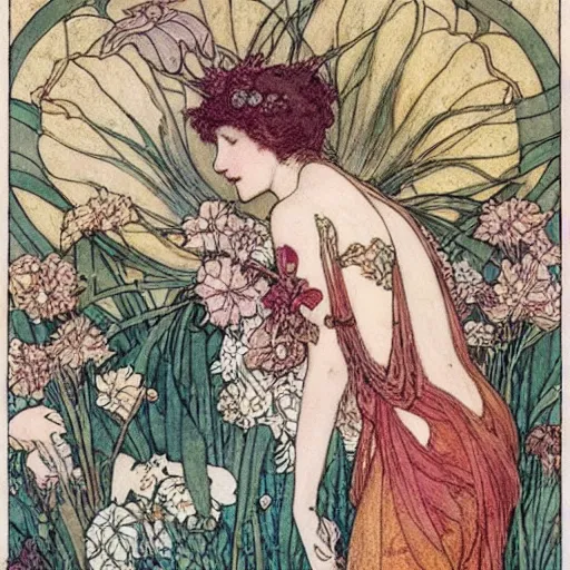 Image similar to a floral fantasy illustration by walter crane, edmund dulac, arthur rackham, and mucha