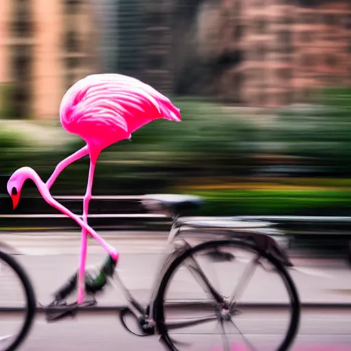 Image similar to flamingo riding a bicycle in New York City realistic photo, 50mm lens