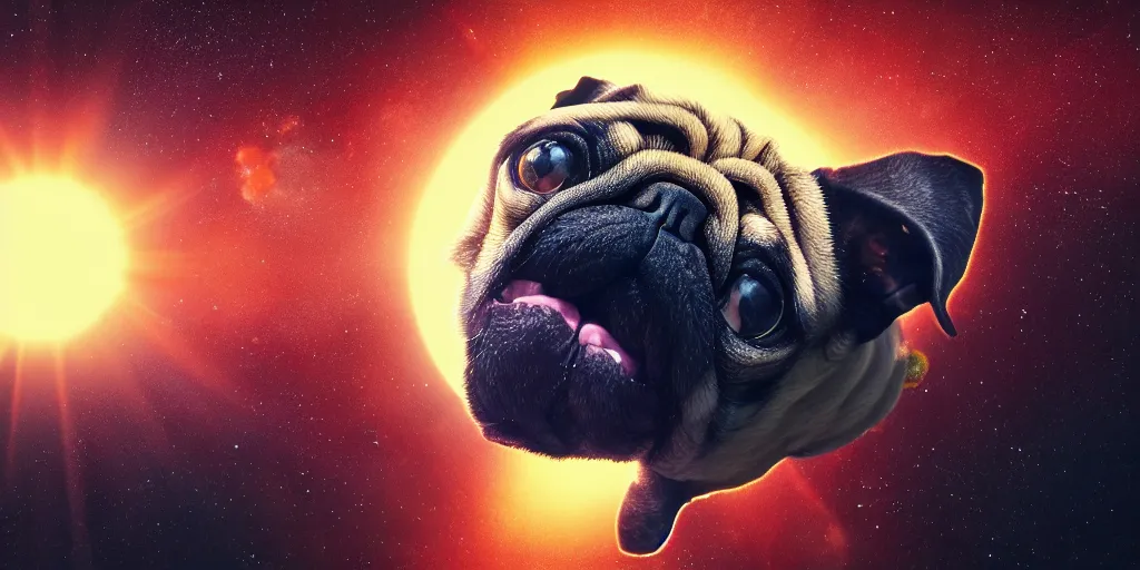 Image similar to pug orbiting the sun, still, photograph, trending on artstation, dynamic lighting, cinematic, highly detailed, sharp focus, space, universe, stars