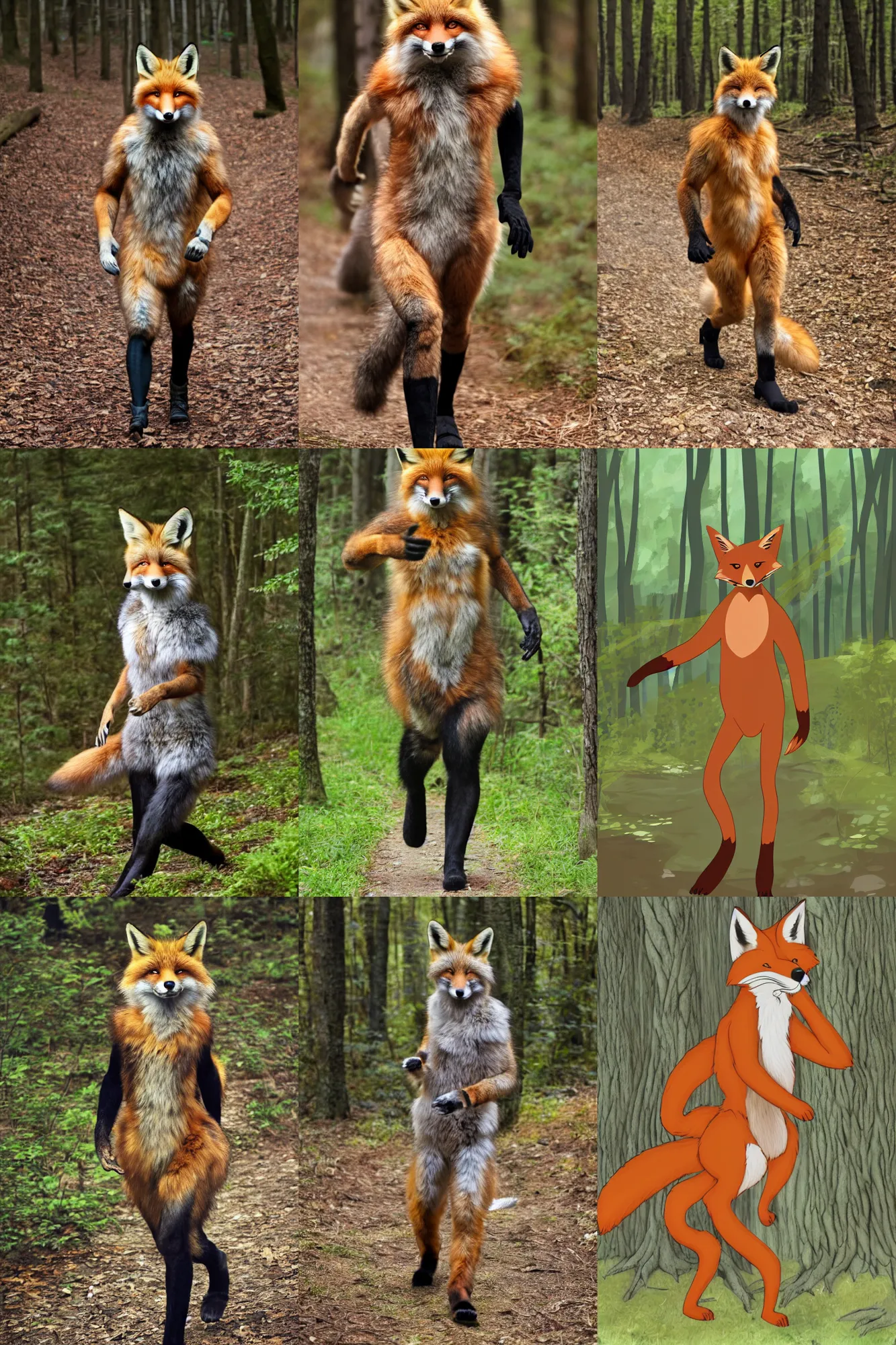 Prompt: anthro furry digitigrade natural - colored fox man with black paws, walking upright in a forest