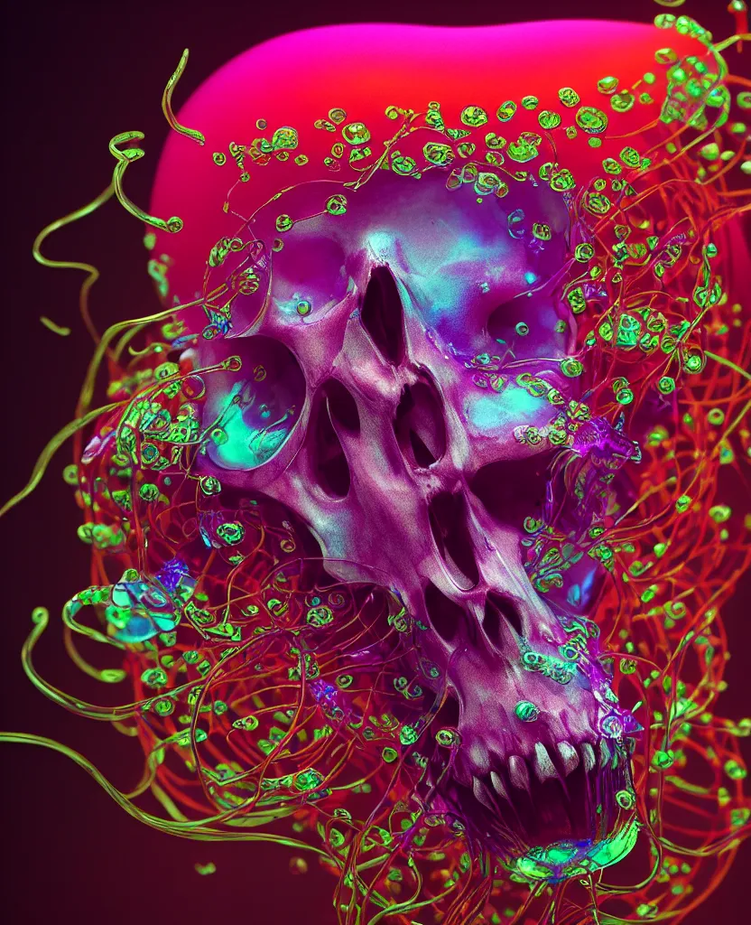 Image similar to close-up portrait of skull dichroic orchid jellyfish skull, betta fish, bioluminiscent creatures, intricate artwork by Tooth Wu and wlop and beeple. octane render, trending on artstation, greg rutkowski very coherent symmetrical artwork. cinematic, hyper realism, high detail, octane render, 8k