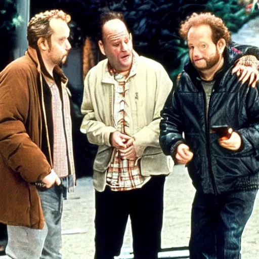 Image similar to adult Macaulay Caulkin, old Joe Pesci and old Daniel Stern on the set filming the next Home Alone movie.