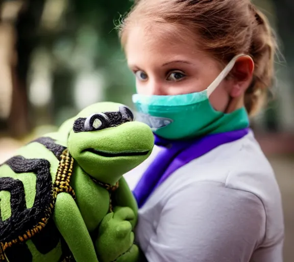 Image similar to cute young white girl proudly holding her pet teenage mutant ninja turtle, XF IQ4, 150MP, 50mm, F1.4, ISO 200, 1/160s, natural light