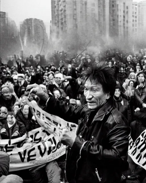 Prompt: sixty years old viktor tsoi shouts, black leather jacket, photo, in the style of documentary journalism, russian opposition rally, russian flags, 3 5 mm, kodak gold