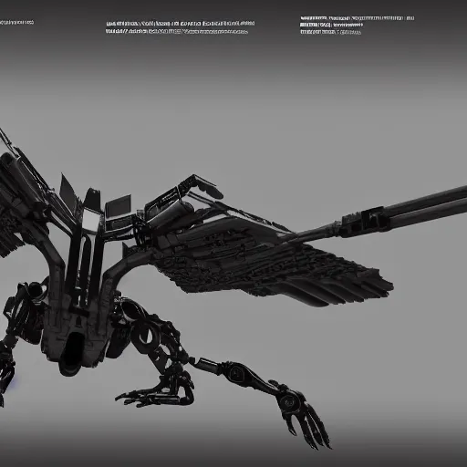 Prompt: hard surface, robotic platform, based on bird, 6 claws, unreal engine